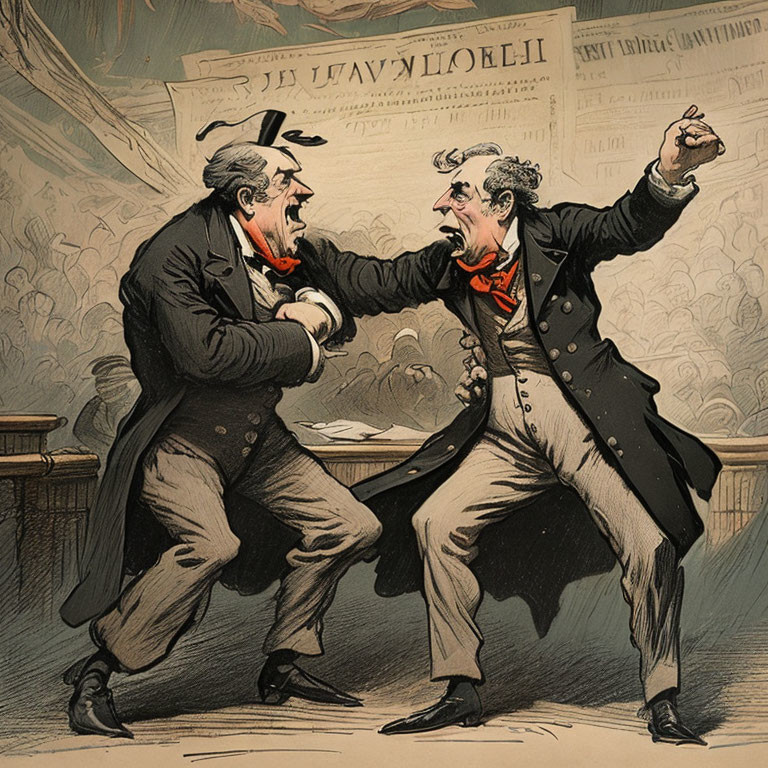 Men in 19th-Century Attire Confronting with Raised Fists