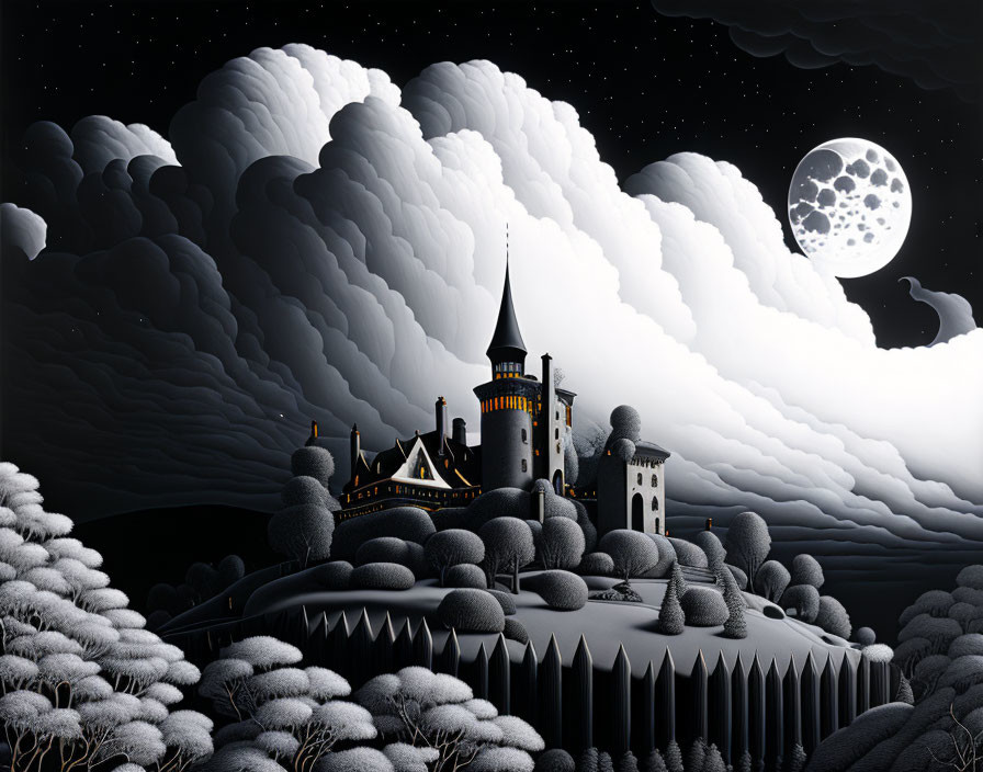 Monochromatic castle illustration on hill under starry sky