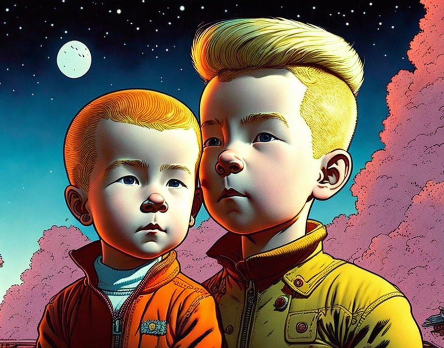 Two young boys with stylized hair under a starry night sky.