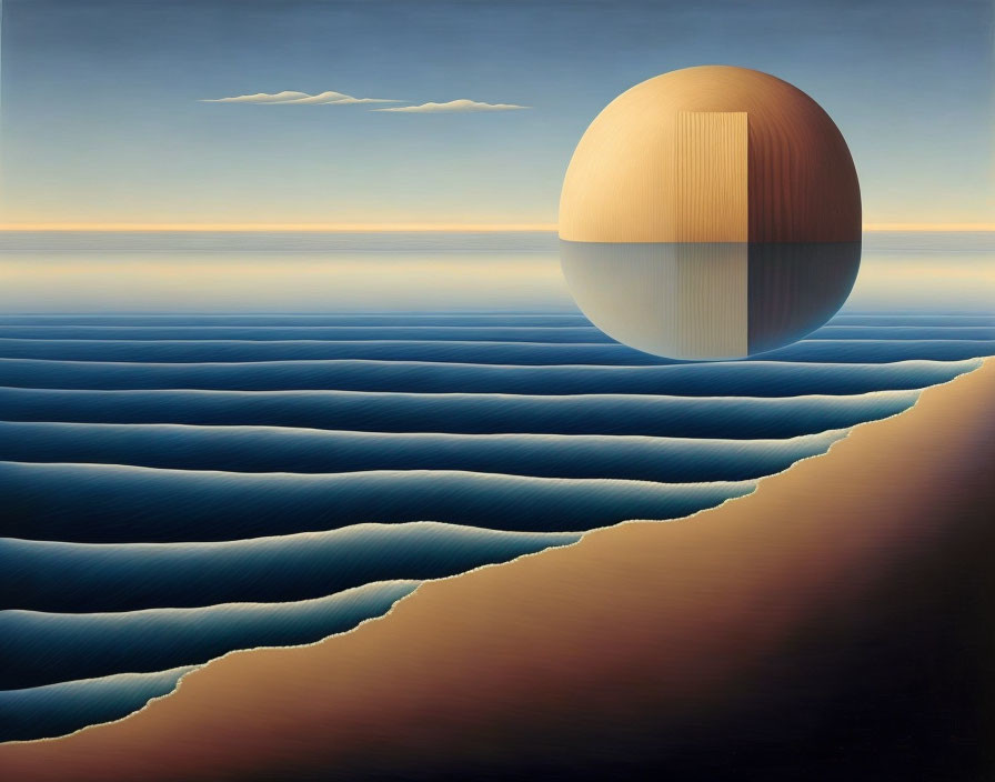 Surrealistic painting of split sphere over tranquil sea