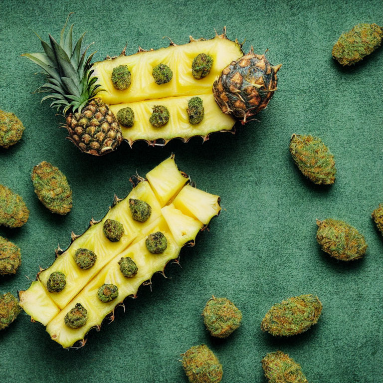 Fresh Pineapple Slices with Cannabis Buds on Green Background