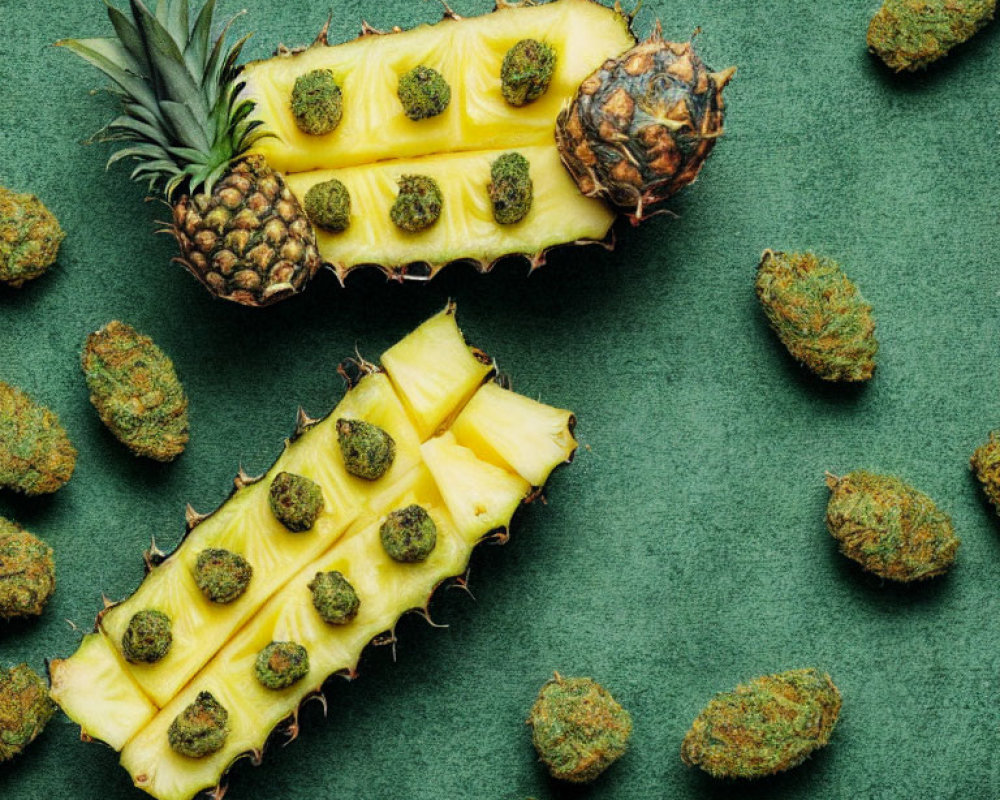 Fresh Pineapple Slices with Cannabis Buds on Green Background