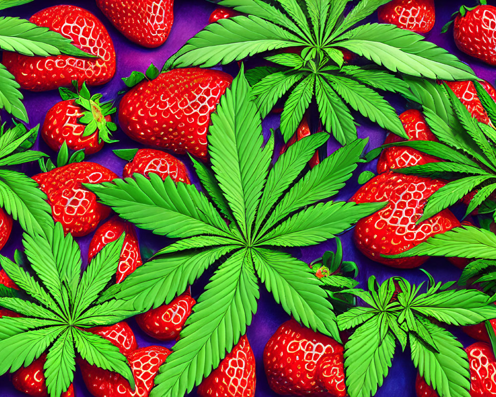 Vibrant strawberry and cannabis leaf pattern on purple backdrop