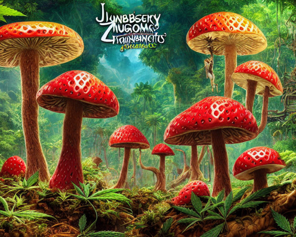 Colorful illustration of oversized spotted mushrooms in lush forest with "Jungleberry Gnomes" text