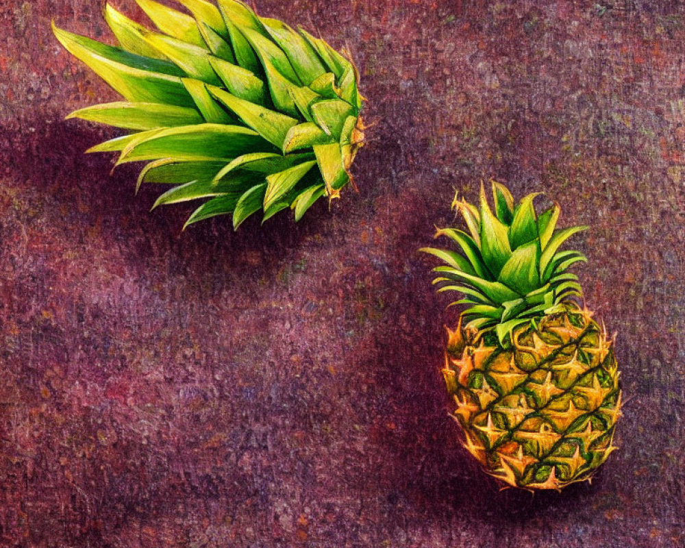 Two pineapples on maroon background: one upright, one detached crown.