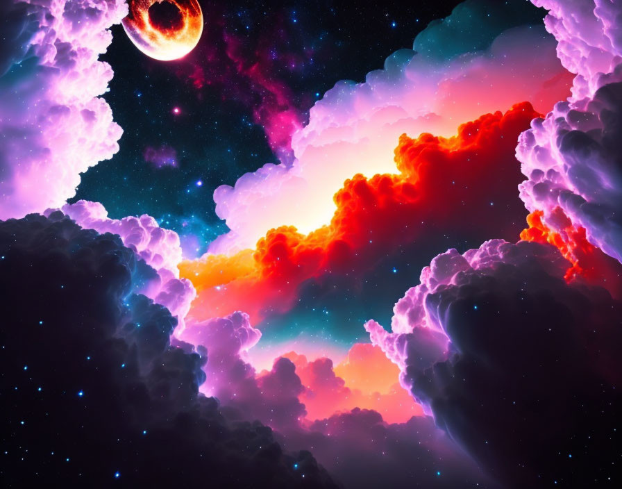 Colorful clouds and moon in vibrant cosmic sky.